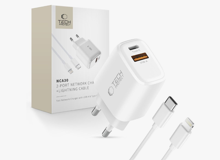 Laadija Tech-Protect NCA30 PD 30W USB-A / USB-C + USB-C / Lightning (valge)