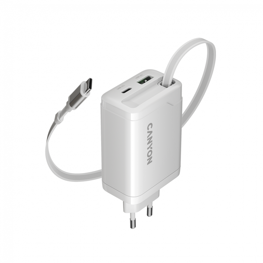 Laadija USB-C juhtmega Canyon, Type-C+USB-A PD65W (valge)