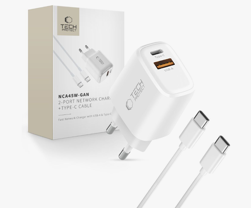 Laadija Tech-Protect NCA45W-GAN 45W USB - Type C + Type C to Type C (valge)