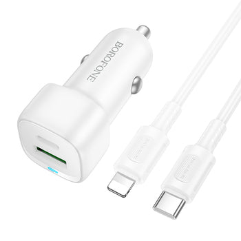 Autolaadija Borofone BZ34B  USB C + USB A 38W + juhe USB C  to Lightning (valge)