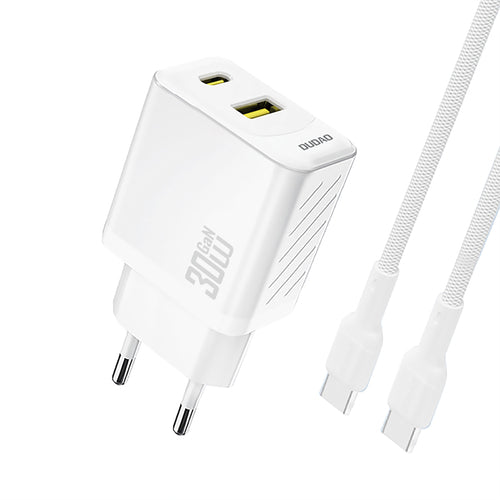 Laadija Dudao A27TCEU 30W GaN USB-A + USB-C juhe (valge)
