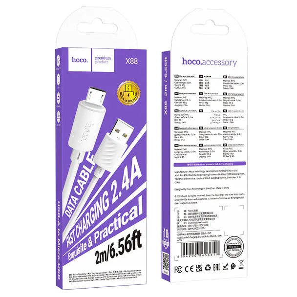 Juhe Hoco X88 Micro USB, 2.4A 2M (valge)