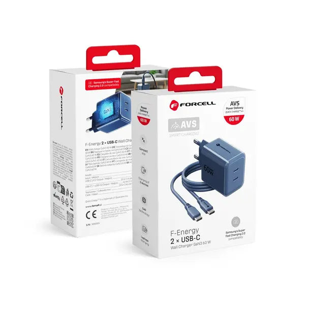 Laadija Forcell F-Energy GaN 2 x USB C + USBC AVS SSFC3+silikoon juhe 60W (sinine)