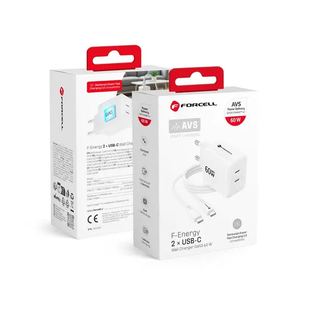 Laadija Forcell F-Energy GaN 2 x USB C + USBC AVS SSFC3+silikoon juhe 60W (valge)