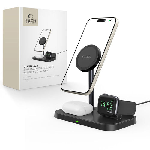 Tech-Protect QI15W-A22 MagSafe juhtmevaba laadija 3-in-1 MagSafe-alusega nutitelefonile / Apple Watchile / AirPodsile (must)