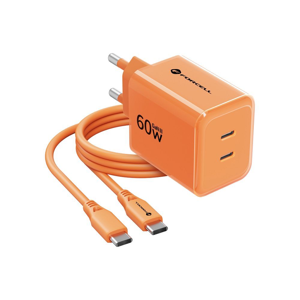 Laadija Forcell F-Energy GaN III 2x USB C + USB C juhe 60W (oranž)