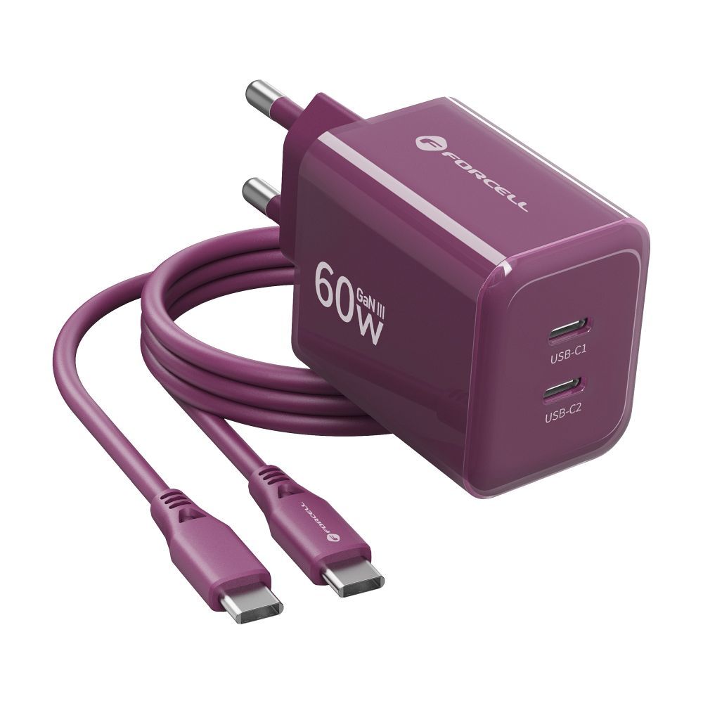 Laadija Forcell F-Energy GaN III 2x USB C + USB C juhe 60W (lilla)