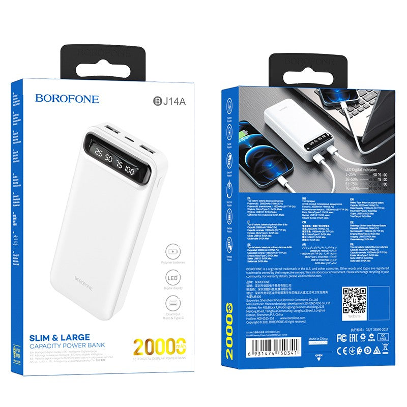 Akupank Borofone BJ14A Type-C microUSB 2*USB (2A) 20000mAh (valge)