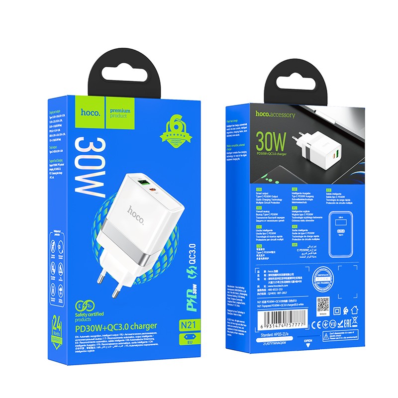 Adapter Hoco N21 PD30W + QC3.0 (valge)