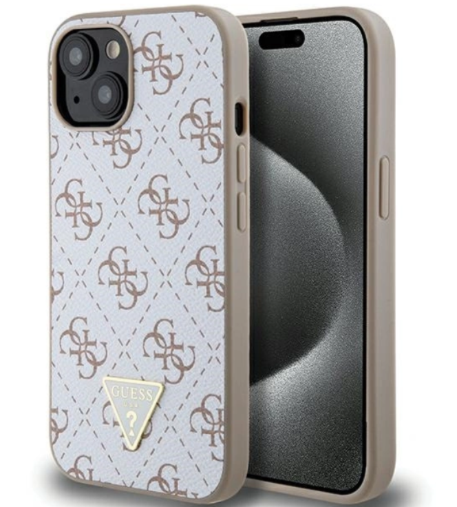 Guess Ümbris Triangle Metal Logo Leather iPhone 15 (valge)