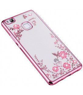 Silikoon Pilt Kristallidega Huawei P10 lite/Ascend P10 lite (roosa raam/roosad lilled)